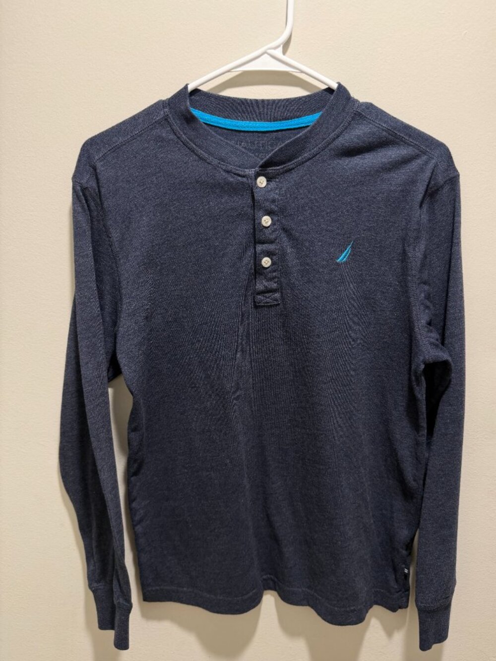 Nautica Men's Long Sleeve Henley Shirt Dark Gray Blue Heather 3 Button Logo